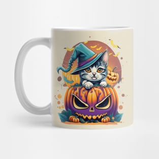 really cute halloween kitten coming out of pumpkin Mug